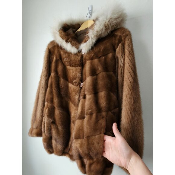 Western Furs Canadian Genuine Mink Fur Coat Stroller Fox Trim Hood VTG Mob Wife - Picture 5 of 16